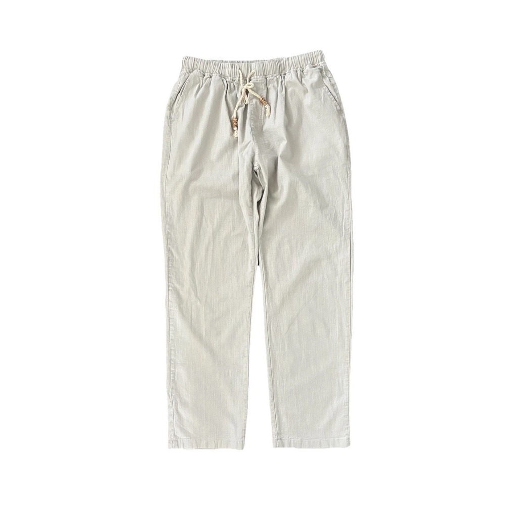Linen Cotton Women Pull Beige Pants Side Back Pockets Elastic Waist Taperd Leg L